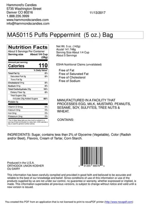 Hammond's All-Natural Classic Candy - Puffs - Peppermint - 5oz Gift Bag