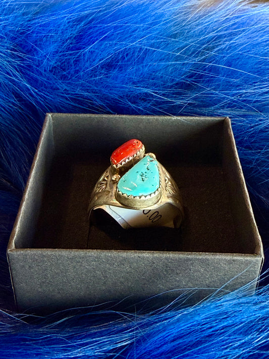 Navajo Coral & Turquoise Ring- M.L.