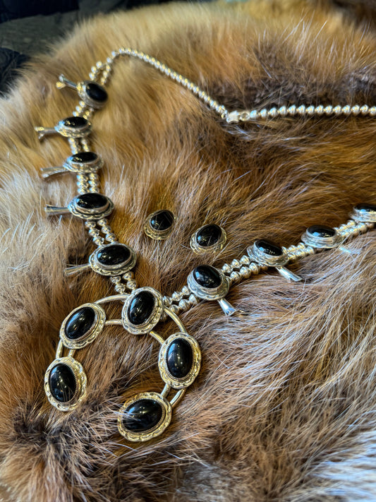 Black Onyx Squash Blossom and Earrings