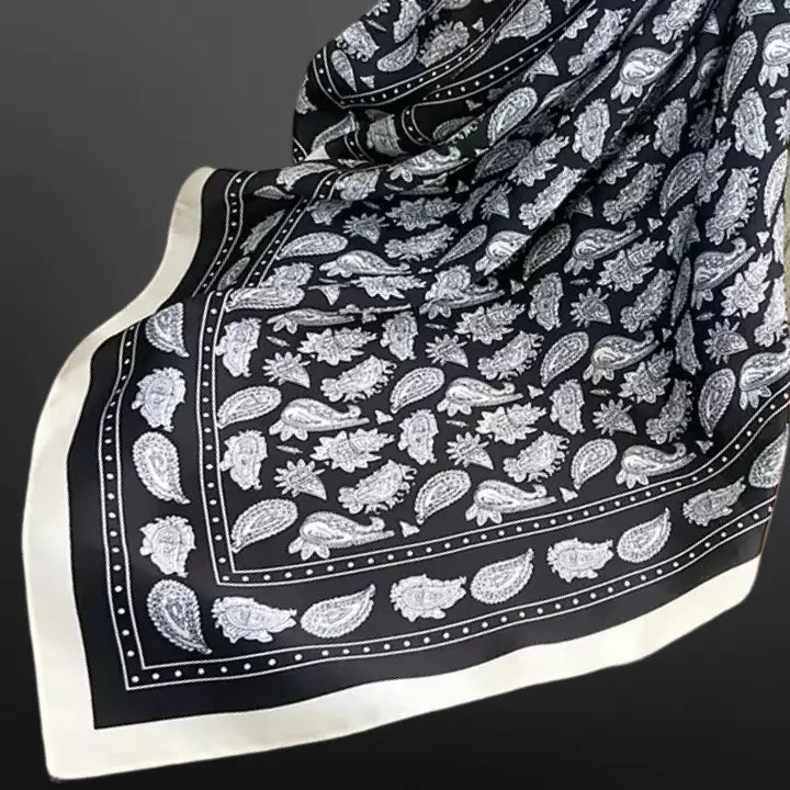 Black/White Border Western Paisley Bandana Print Silk Scarf Wild Rag