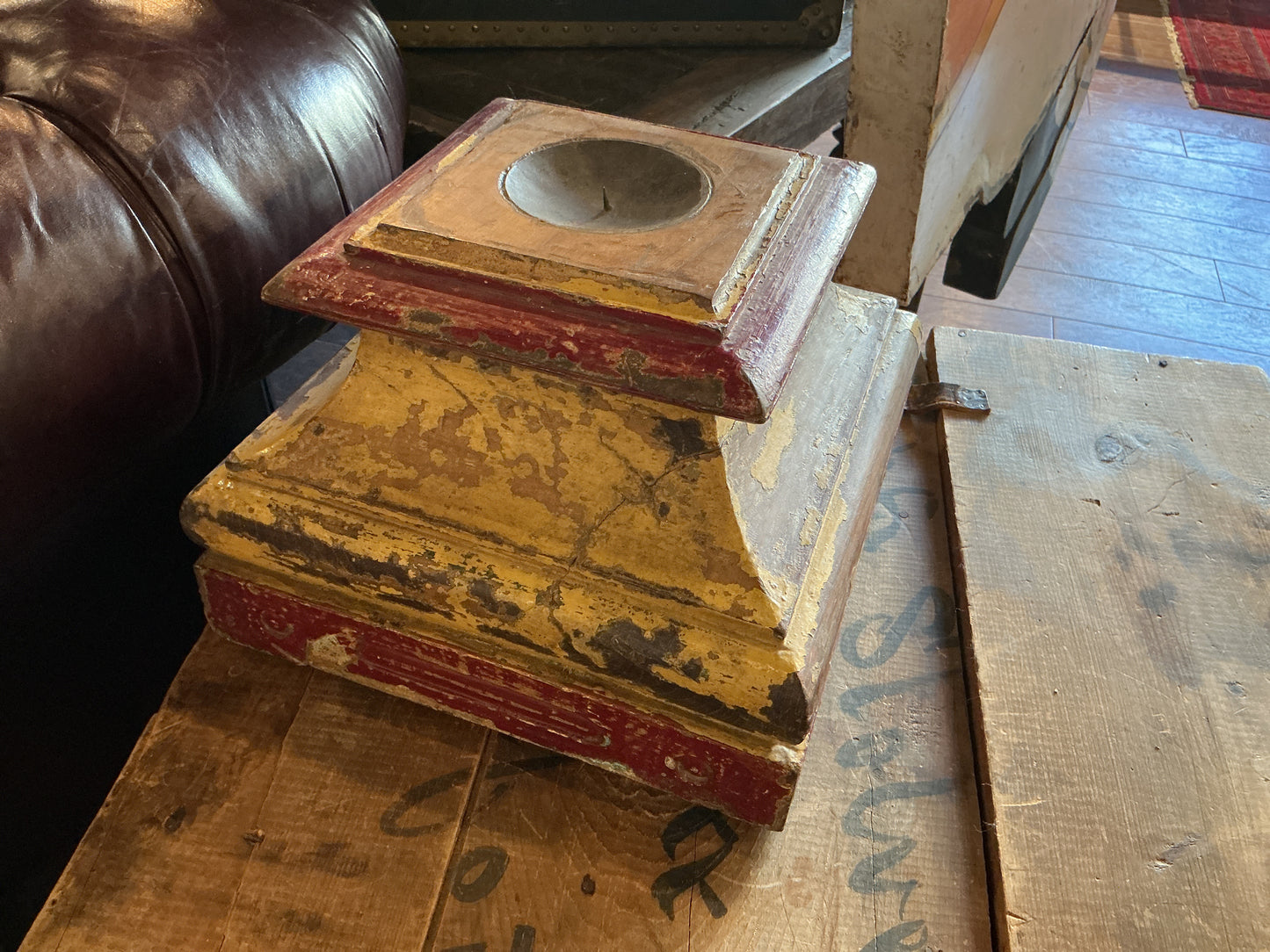 Antique Indian Wooden Pillar Base Candle Holder