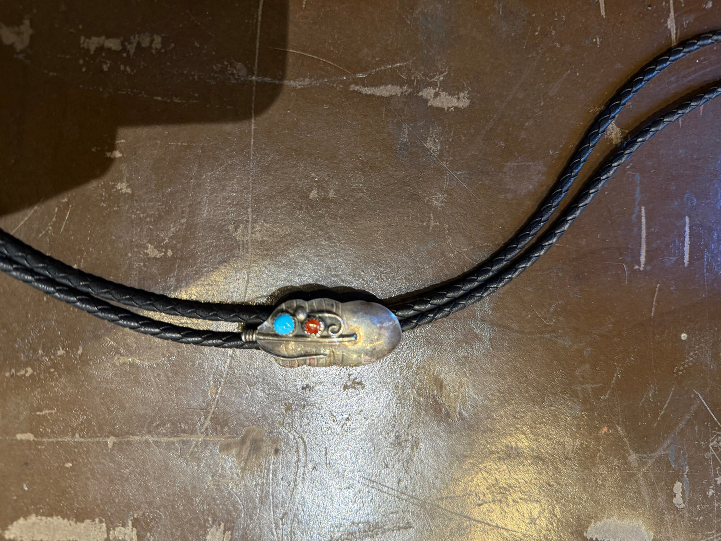 Old Pawn Turquoise and Coral Feather Bolo Tie