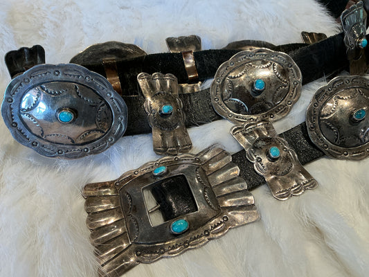 Rectangle Buckle Concho With Snake Eye Turquoise and Sterling on Black Leather