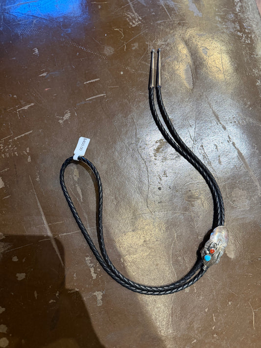 Old Pawn Turquoise and Coral Feather Bolo Tie