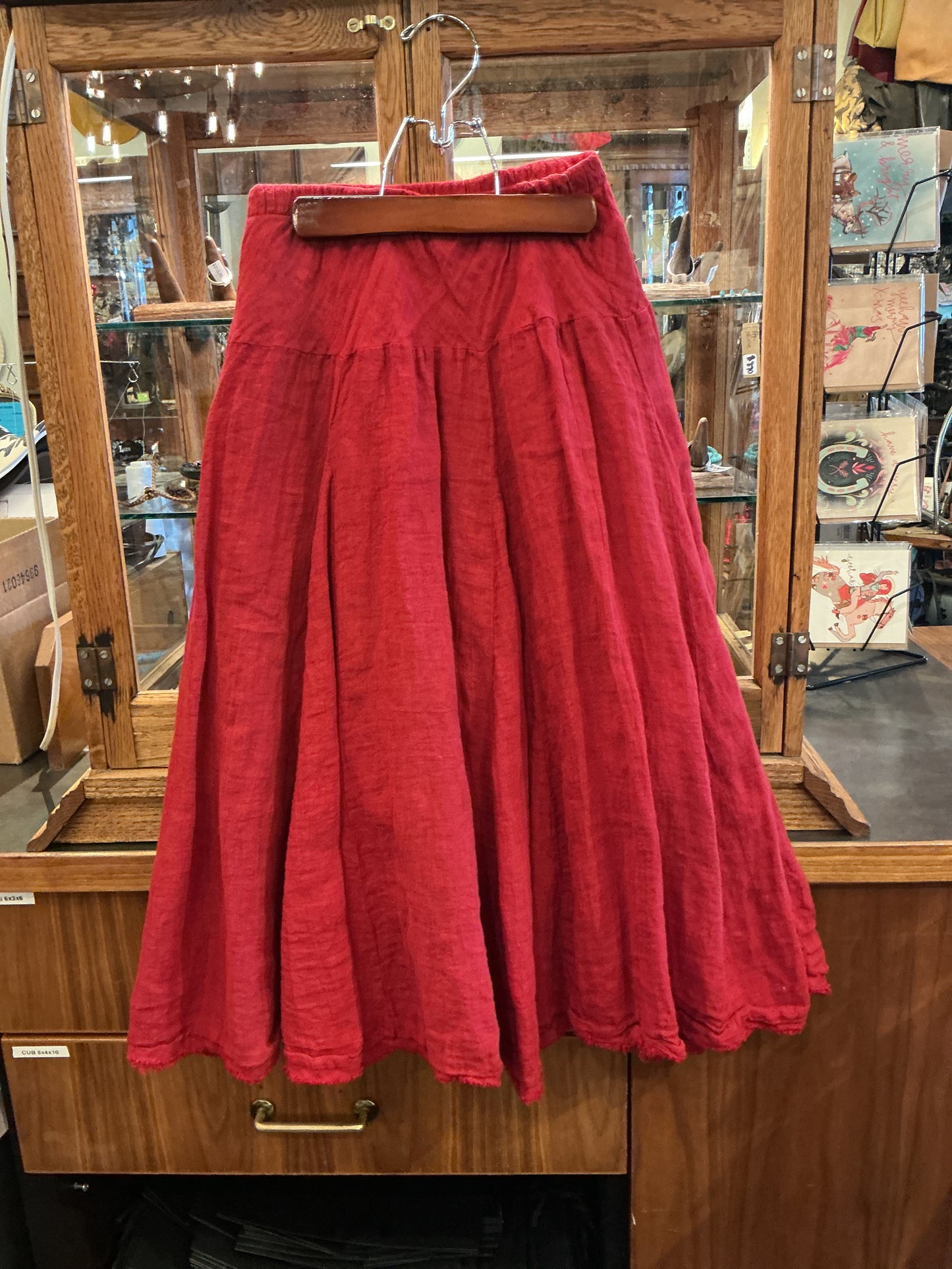 Layered Skirt with Frayed Hem - Deep Red