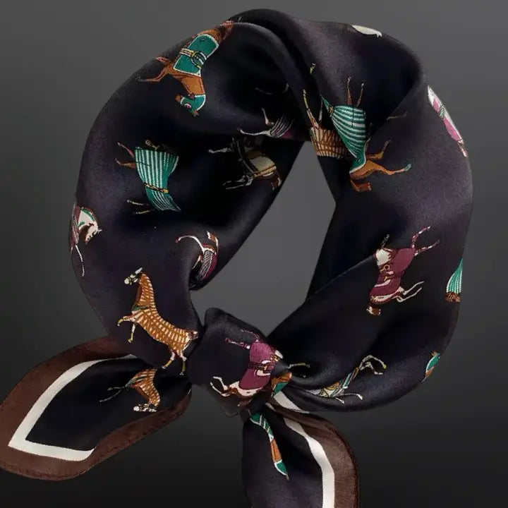 Black Equestrian Silk Scarf Western Wild Rag Horses in Blankets