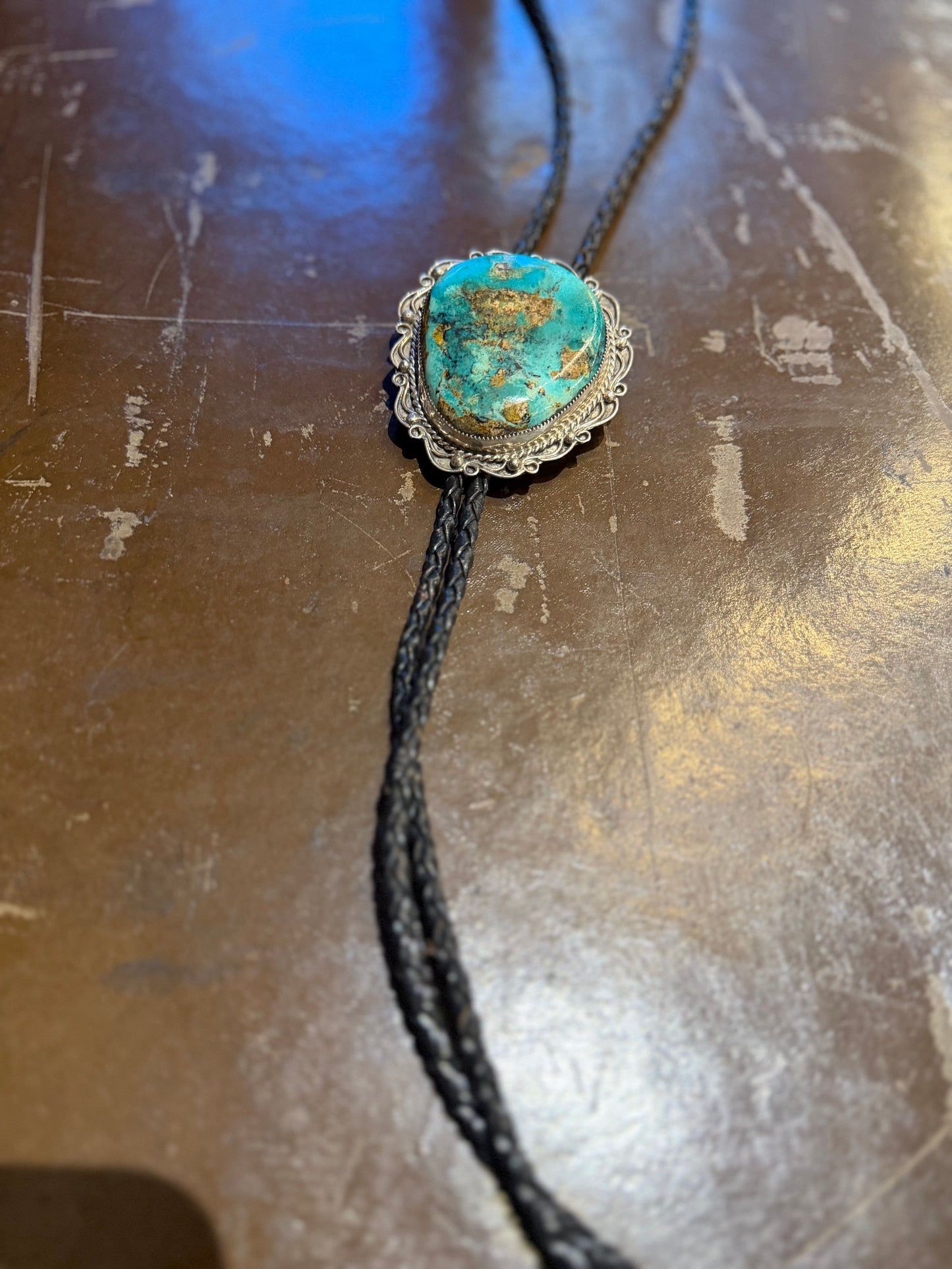 Bolo- Vintage Navajo Pilot Mountain Turquoise Chunk