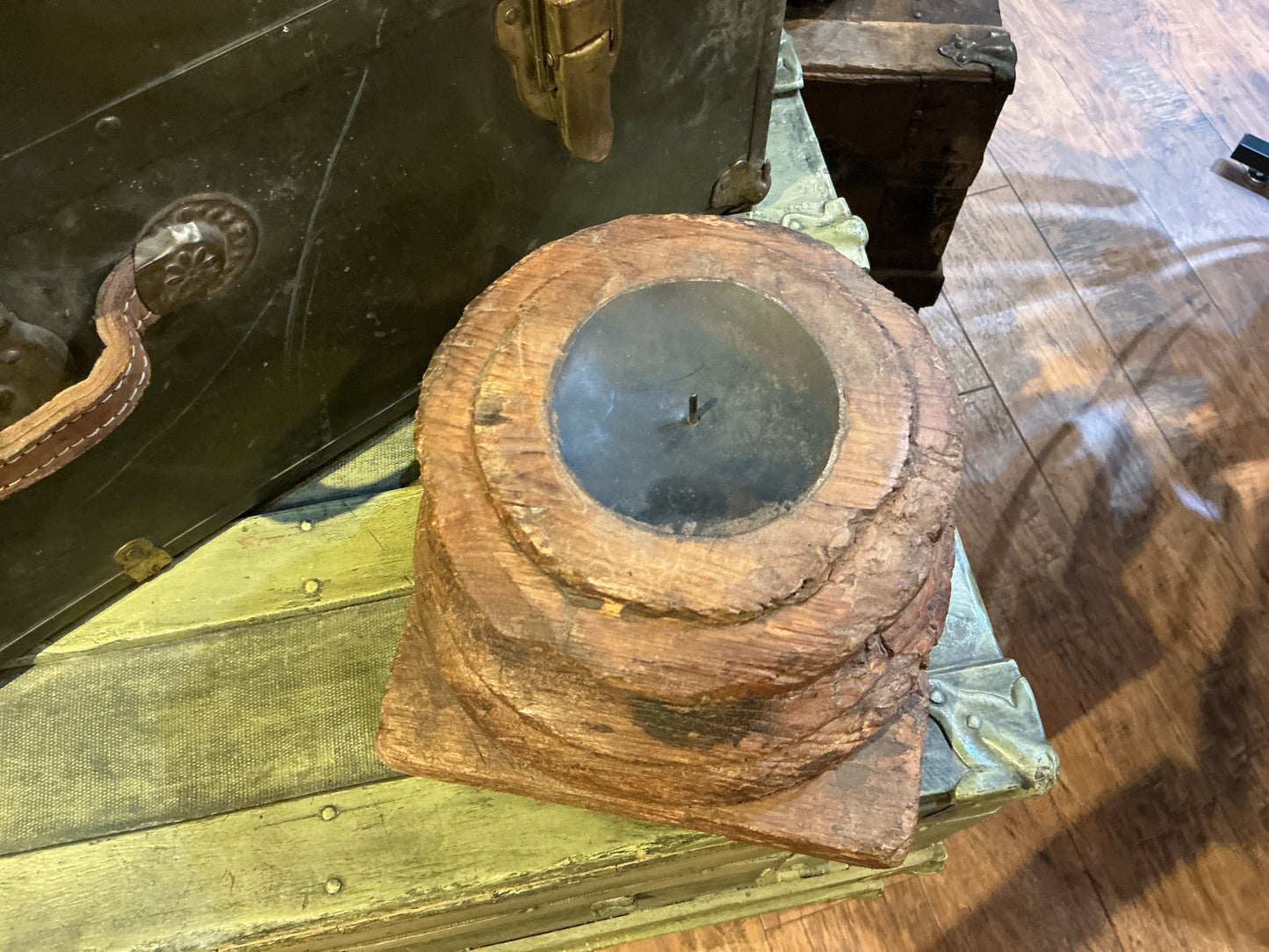 Antique Indian Wooden Pillar Base Candle Holder