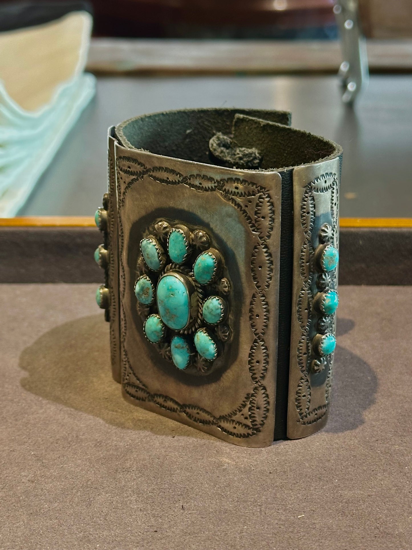 Sterling & Cluster Turquoise on Leather Bracelet