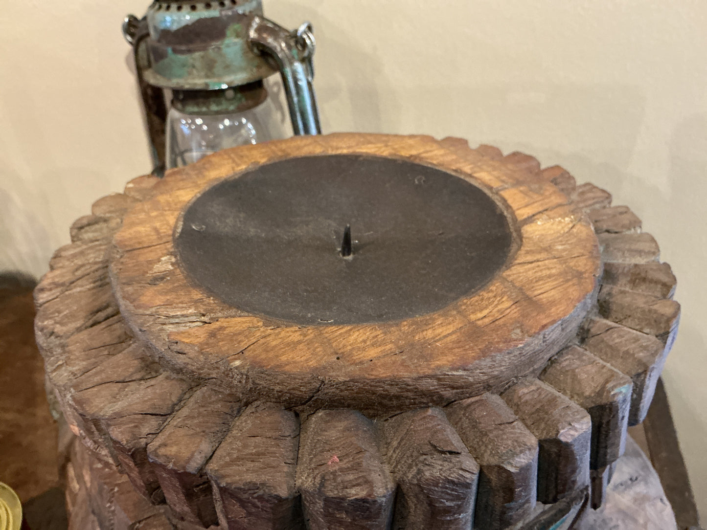 Antique Indian Wooden Pillar Base Candle Holder