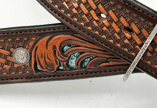 Bar X Handmade Belt - Brown LV Tooled with Turquoise Inlay