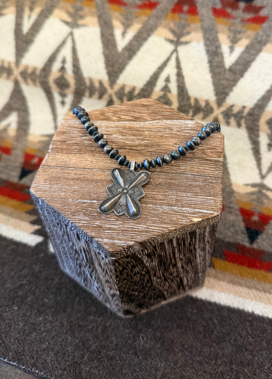Necklace- Sterling Silver Pendant on Navajo Saucer & Pearls
