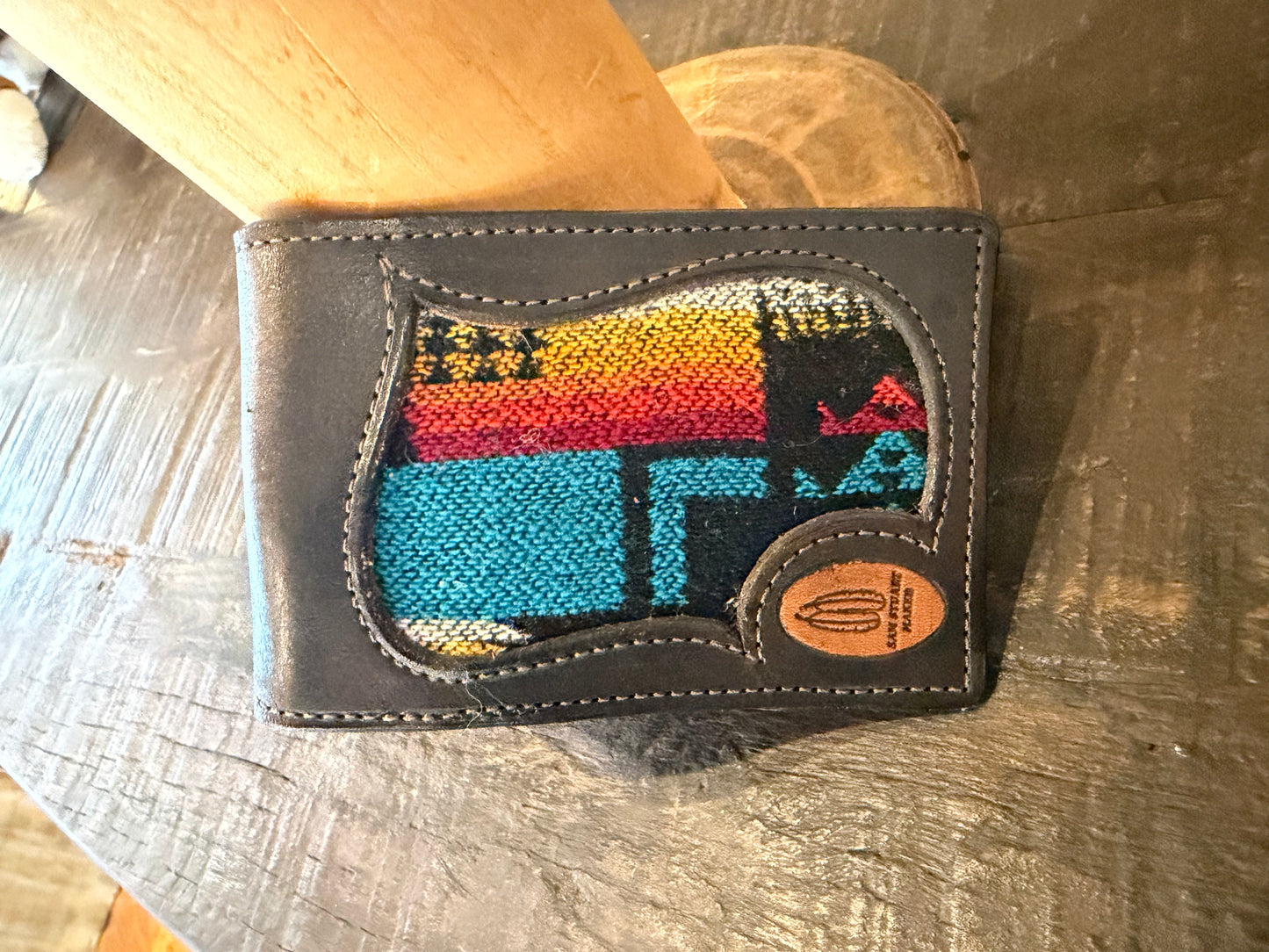 BarX Wallet - Leather & Blue Southwestern Textile