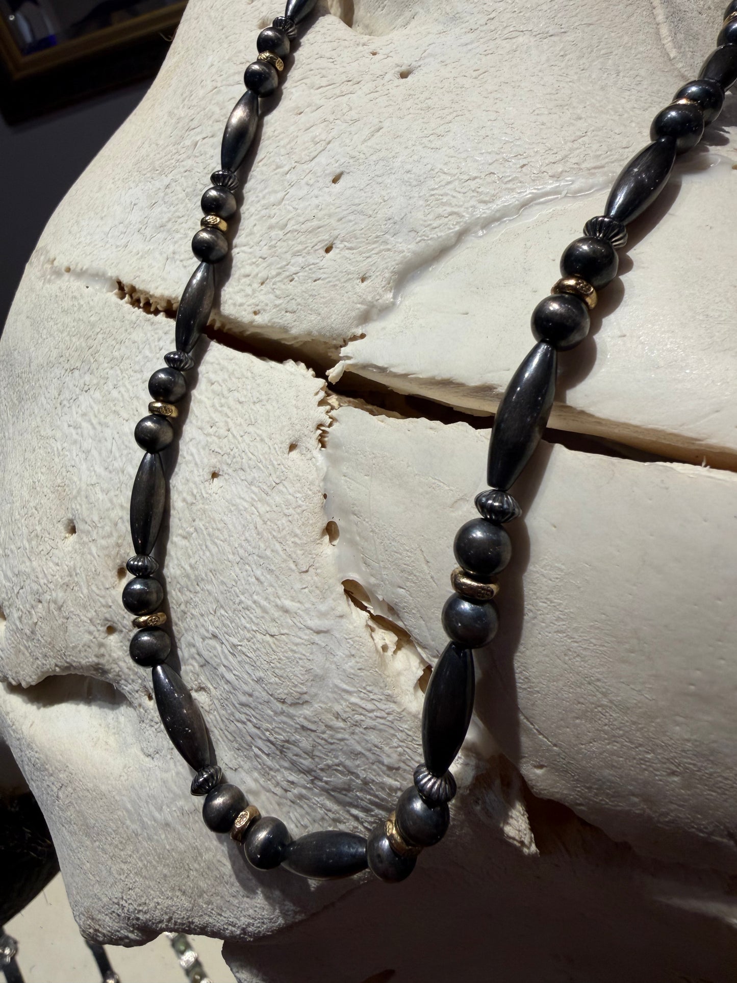 Navajo Pearl Torpedo with Gold Bead Necklace