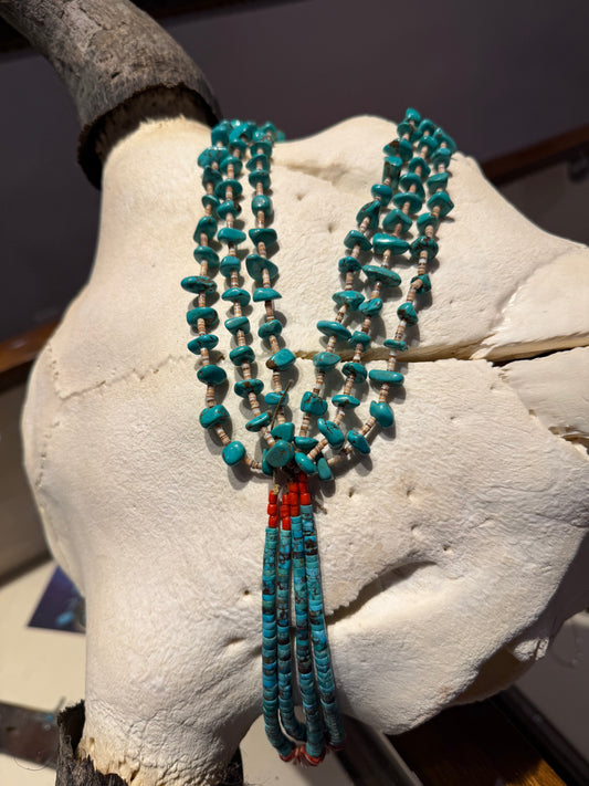 Turquoise, Coral, and Heishi Necklace with Joclas