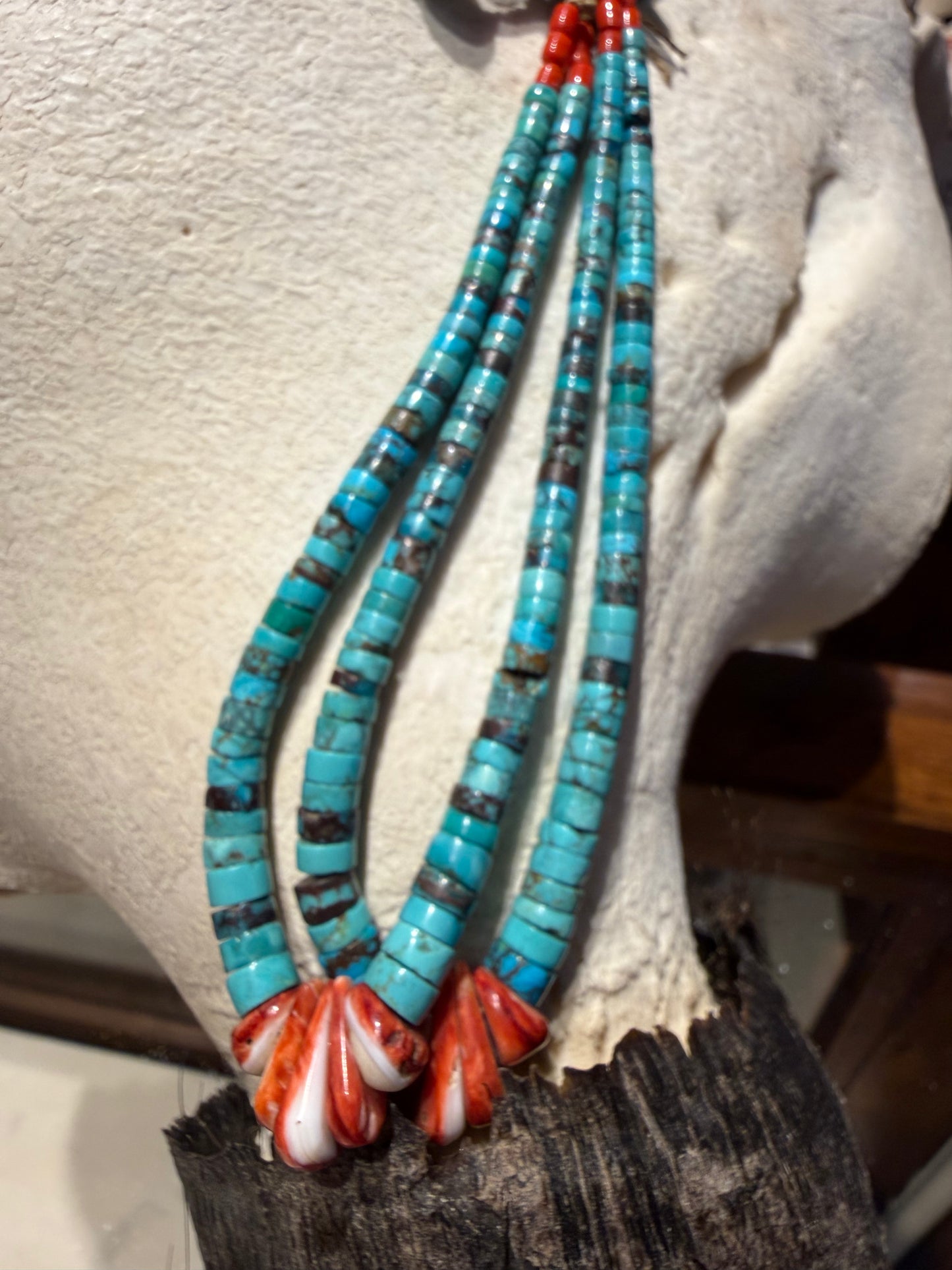 Turquoise, Coral, and Heishi Necklace with Joclas