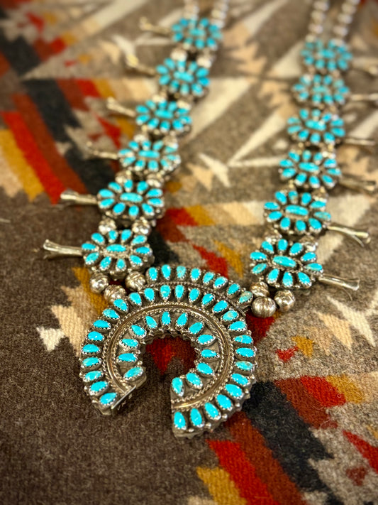 Vintage Double Sided Turquoise and Coral Squash Blossom