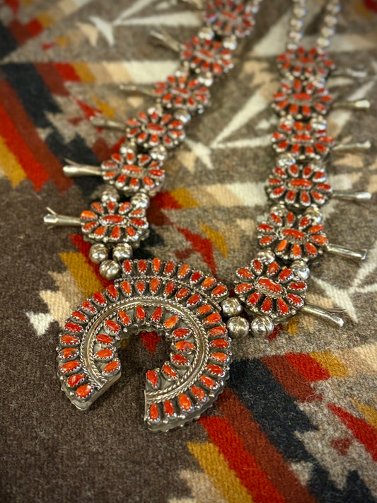 Vintage Double Sided Turquoise and Coral Squash Blossom