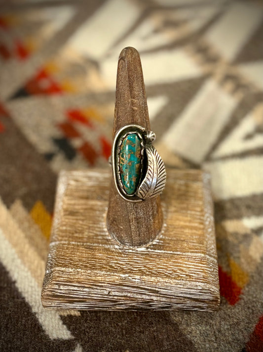 Long Oval Turquoise Ring with Single Sterling Leaf