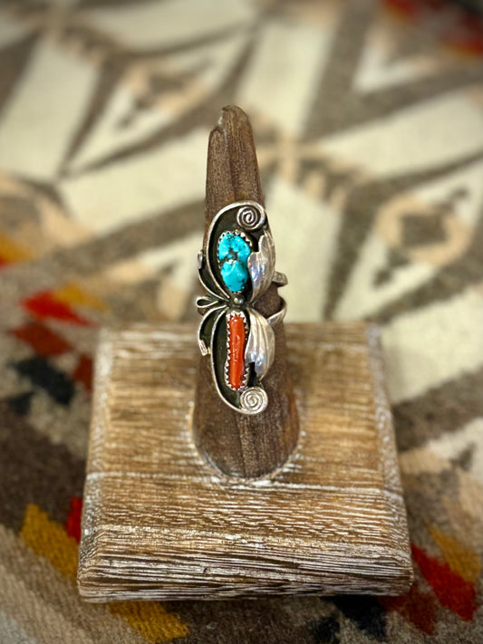 Turquoise And Coral Long Ring