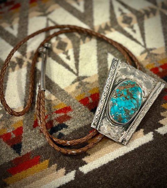Big Sterling Silver and Turquoise Bolo Tie- Dean Sandoval Jr.