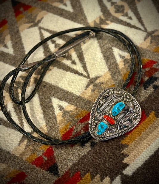 Navajo Turquoise and Coral Intricate Bolo Tie