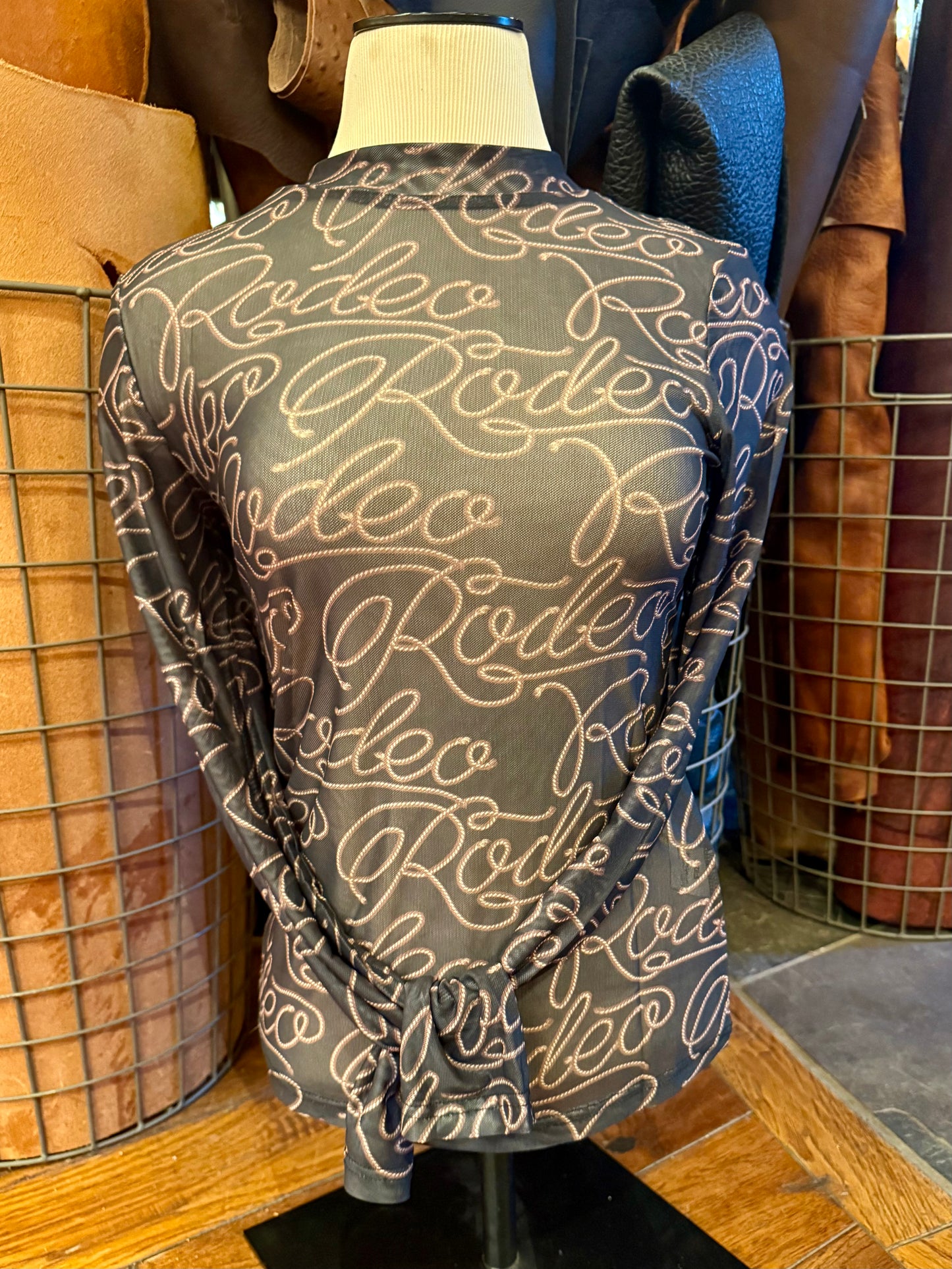 Black Western Rodeo Long Sleeve Mesh Top