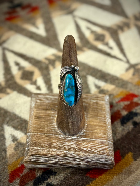 Long Blue Turquoise with Leaf Accents Ring