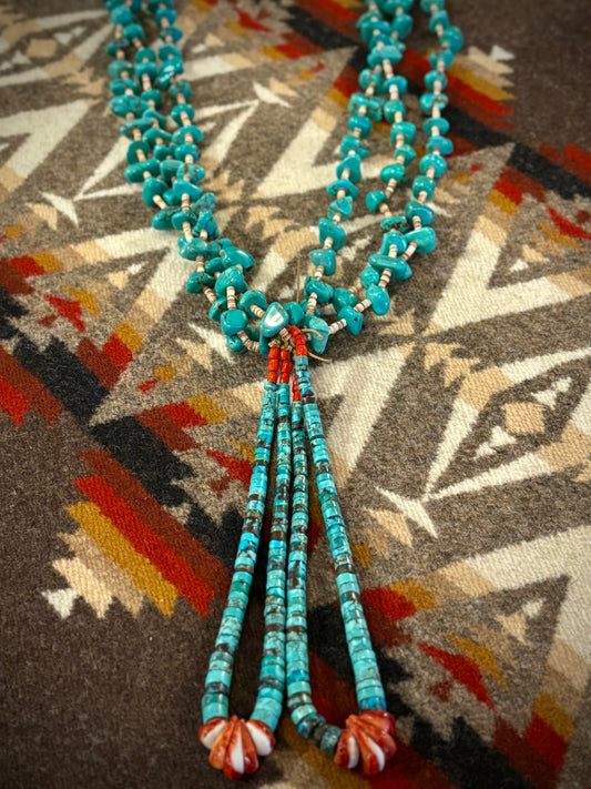 Turquoise, Coral, and Heishi Necklace with Joclas
