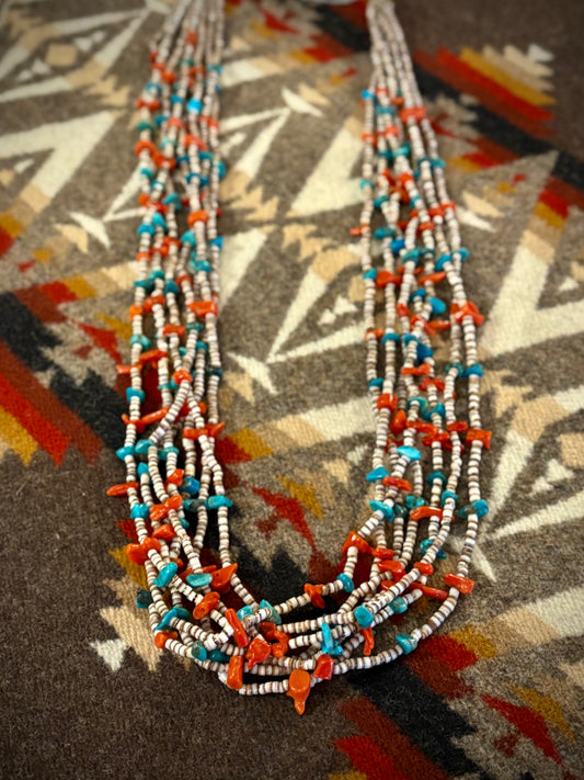 Turquoise, Coral, and Heishi Multi Strand Necklace
