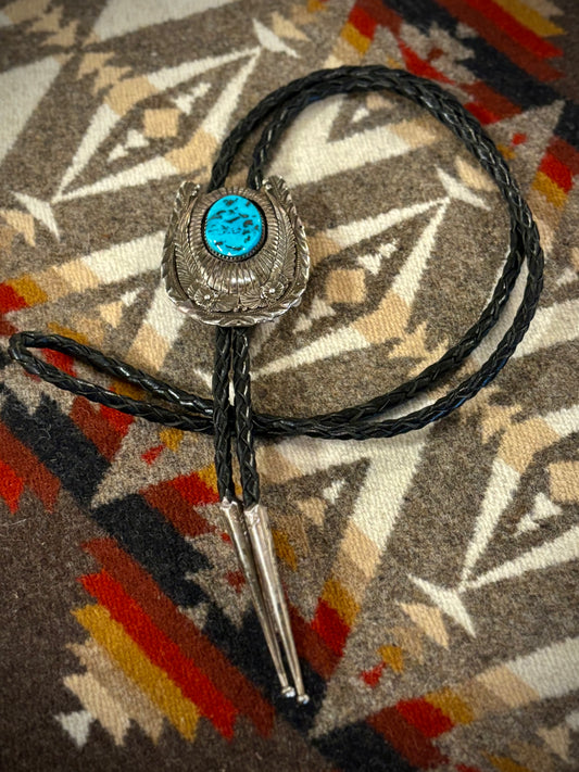 Turquoise and Intricate Sterling Silver Bolo Tie