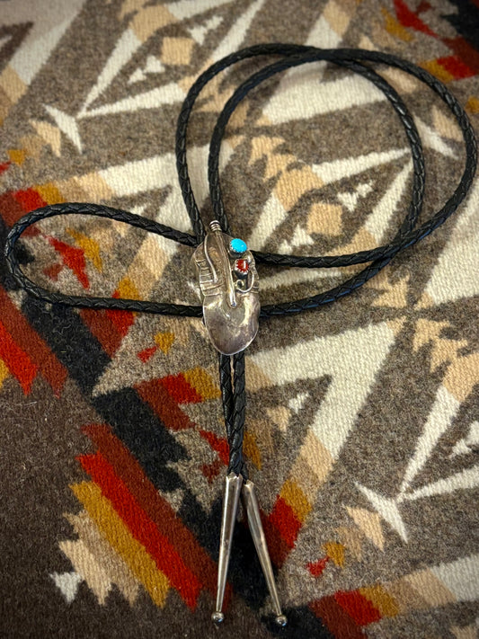 Old Pawn Turquoise and Coral Feather Bolo Tire