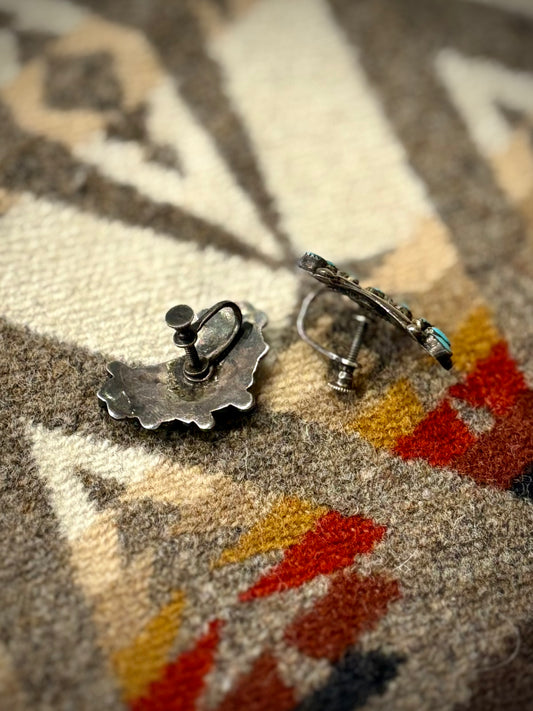 Vintage Two Tone Needle Point Turquoise Screw-On Earrings