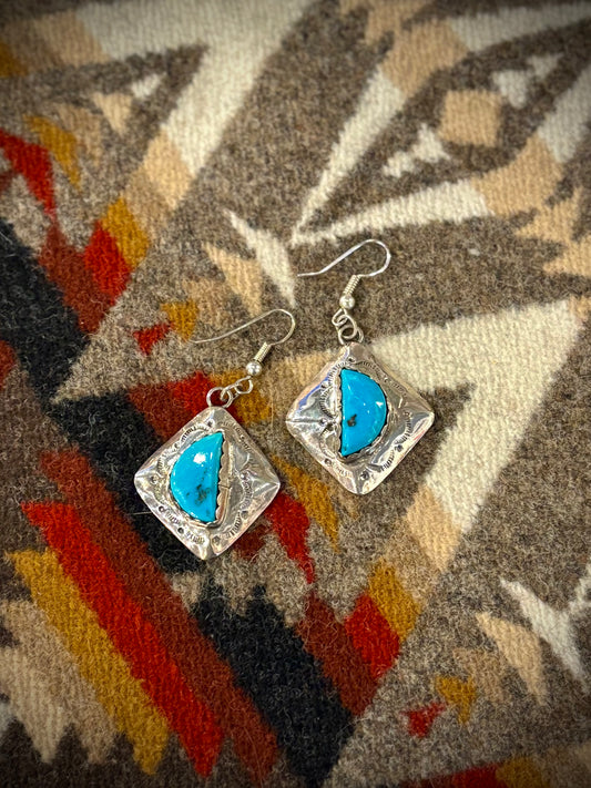 Sterling Square and Turquoise Half Moon Earrings