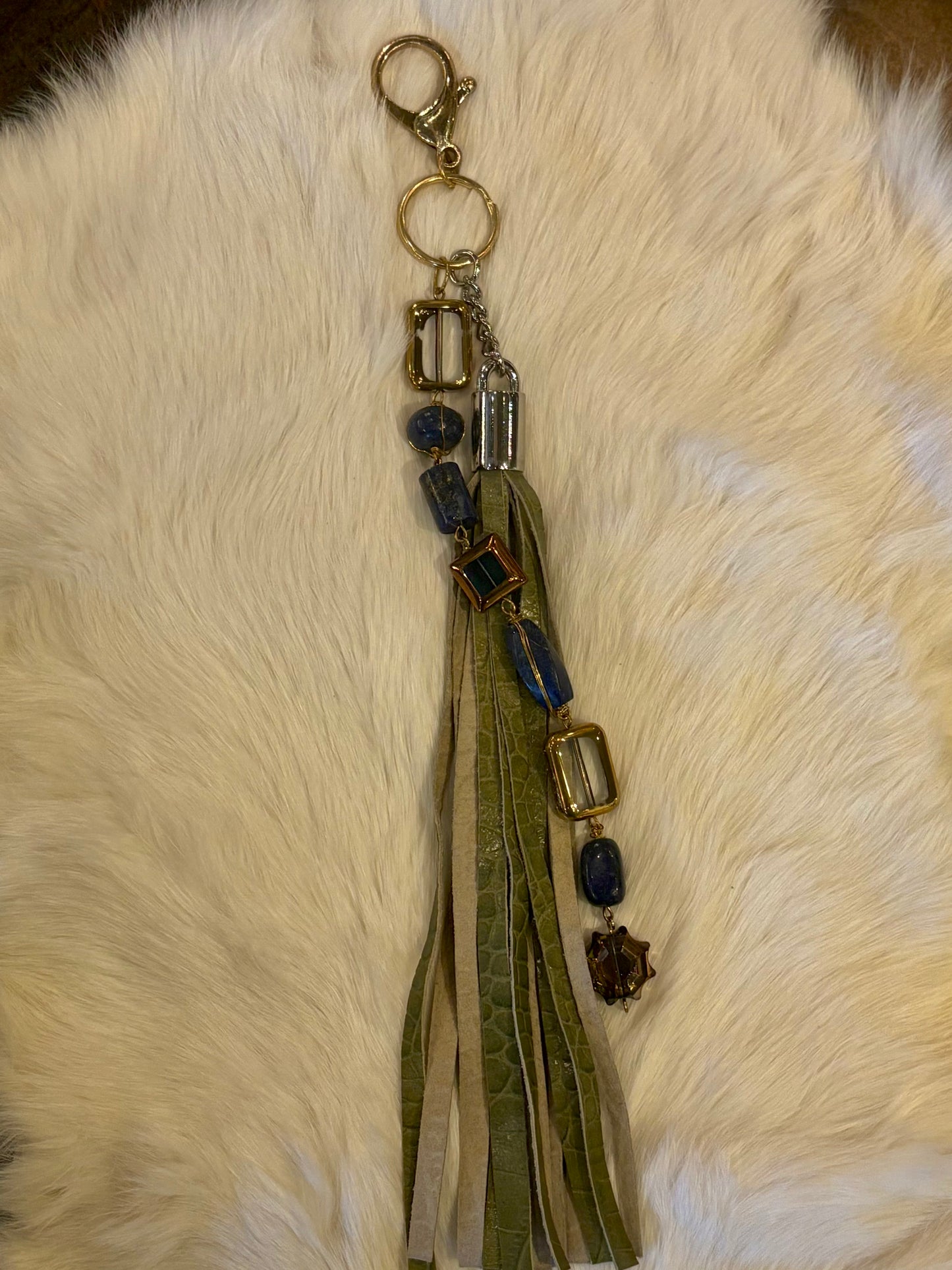 CuCu Tassel Keychain- Muddy Green with Blue Charms