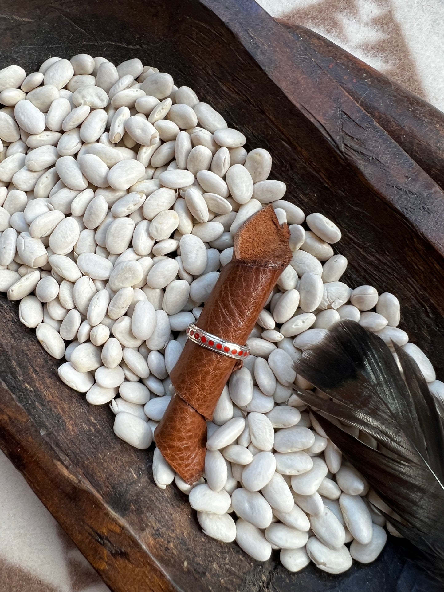 Coral Inlay Sterling Silver stacker ring