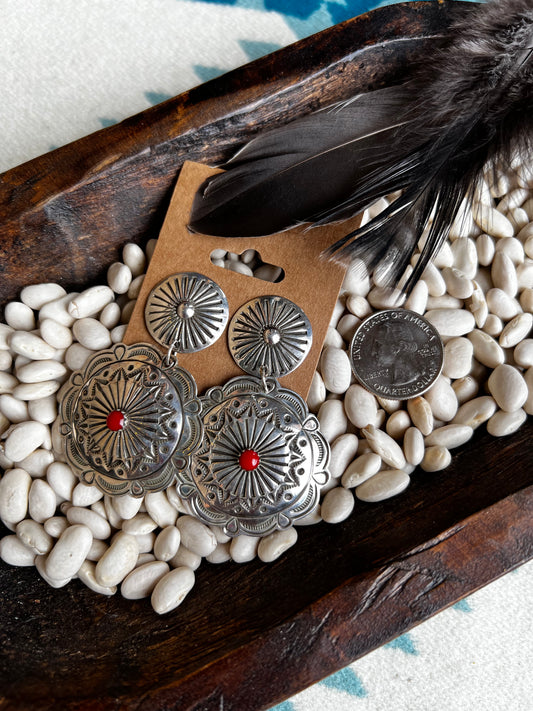 Earrings- Sterling Silver Concho with Coral inlay