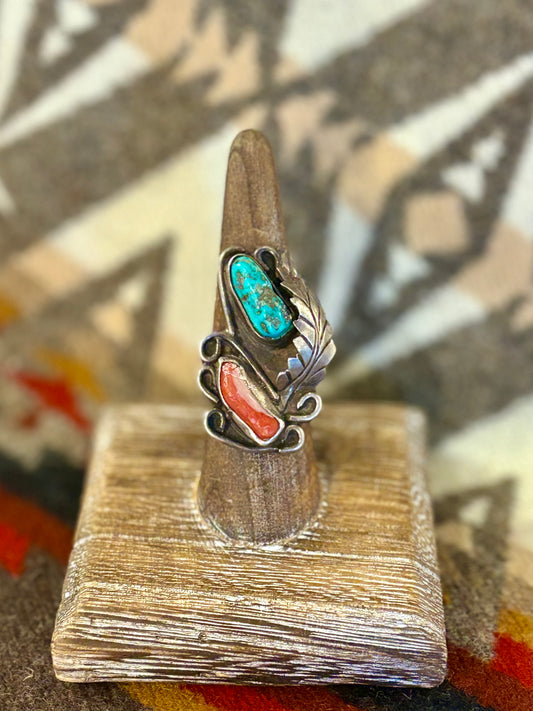 Navajo Turquoise and Coral One Leaf Ring