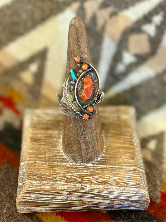 Vintage Navajo Coral And Turquoise Ring