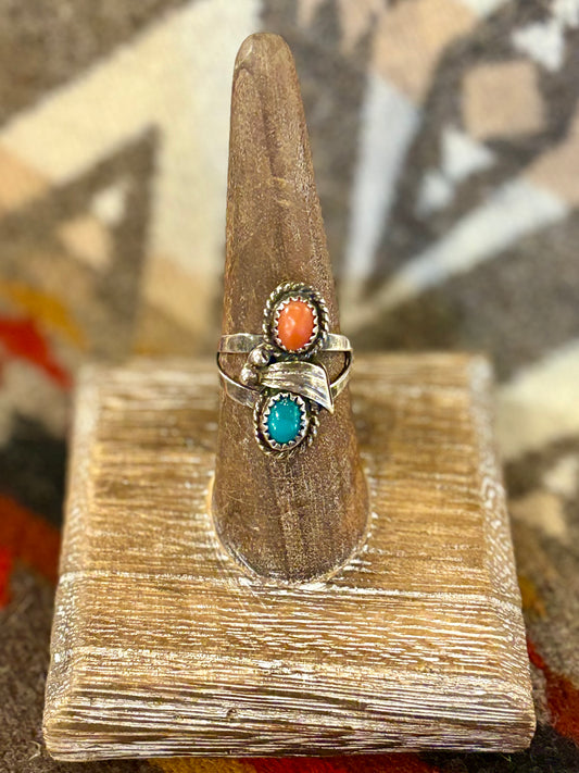 Small Navajo Coral And Turquoise Ring