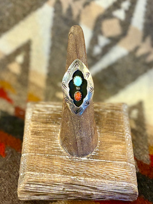 Vintage Navajo Turquoise and Coral Ring