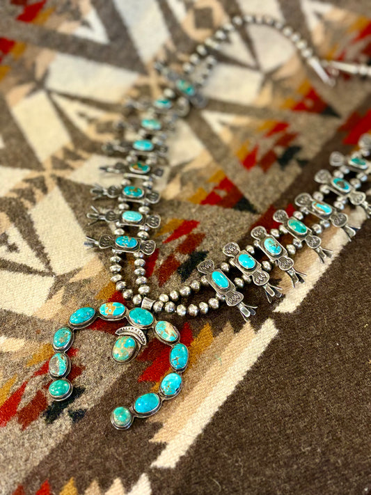 Vintage Navajo Turquoise Squash Blossom Necklace