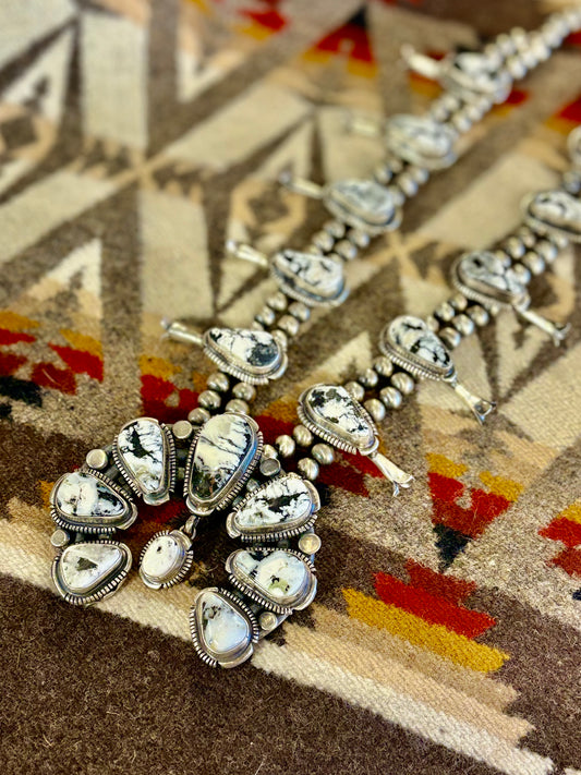 Navajo White Buffalo Squash Blossom Necklace & Earrings