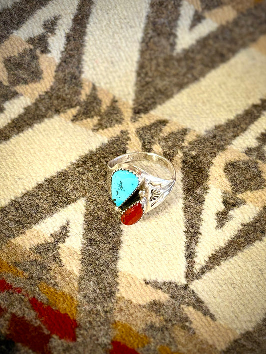 Navajo Coral & Turquoise Ring- M.L.
