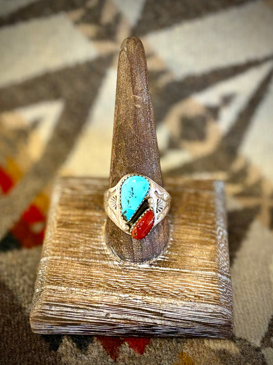 Navajo Coral & Turquoise Ring- M.L.