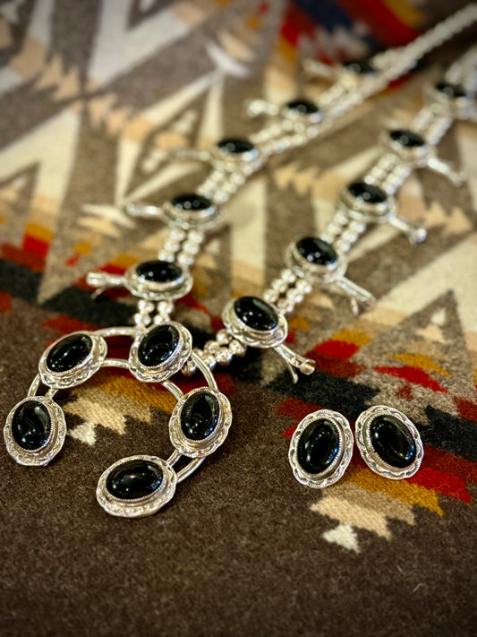 Black Onyx Squash Blossom and Earrings