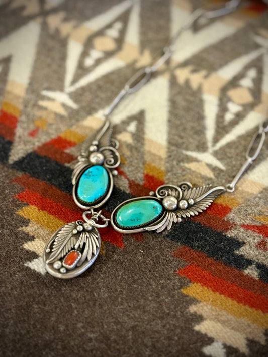 Vintage Navajo Turquoise and Coral Necklace