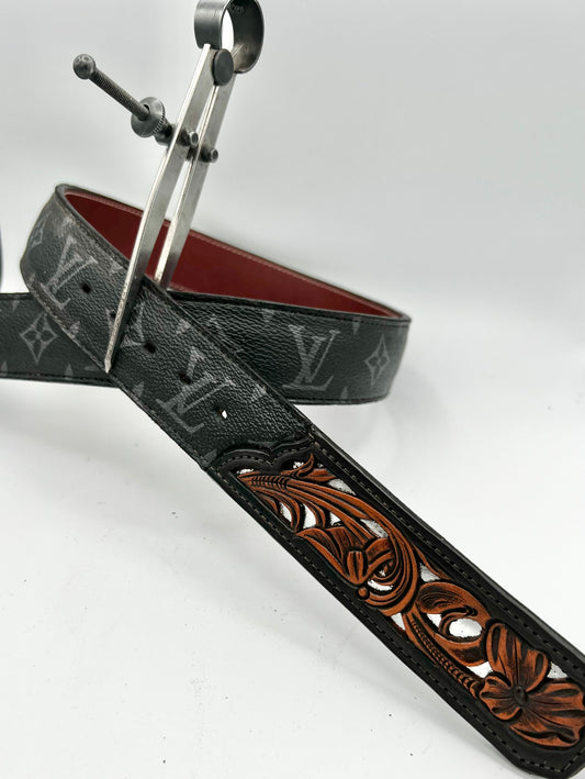 Bar X Handmade Belt - Black LV Tooled with Silver Inlay