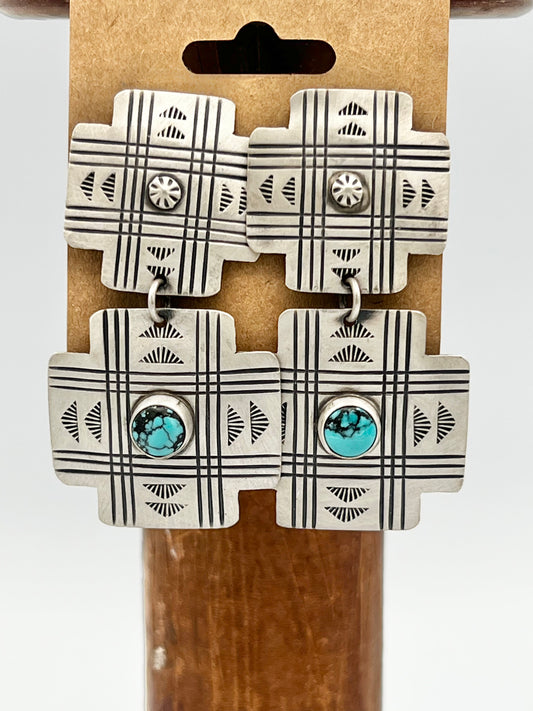 Earrings- Sterling Silver Cross Dangle with Turquoise Stones