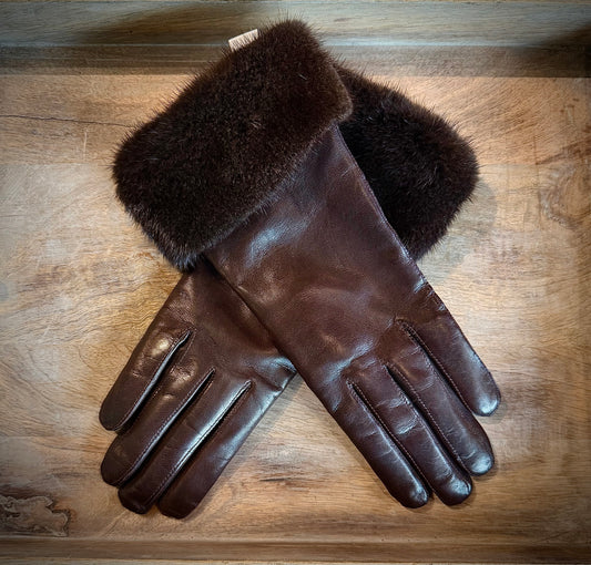 Leather/Mink Gloves - Mahogany